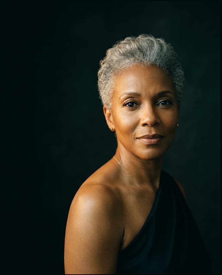 A radiant woman in her fifties, photographed against deep shadow